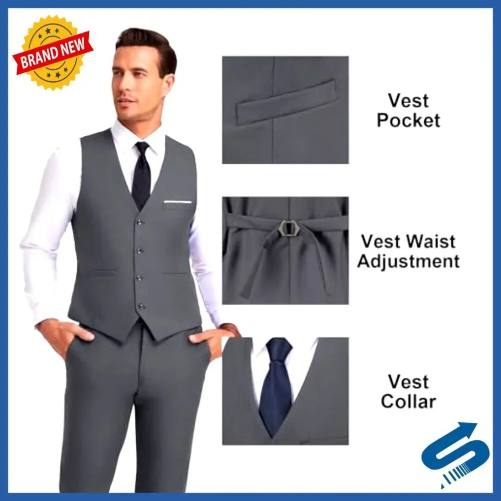 Slim Fit 3-Piece Suit Set with Vest & Tie for Business Wedding Formal